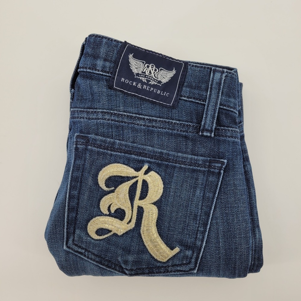 Rock &‎ Republic Stella Skinny Jeans Womens 24 Blue Embroidered R Logo Low Rise